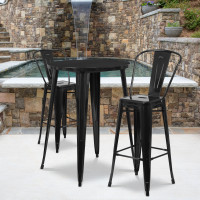 Flash Furniture CH-51090BH-2-30CAFE-BK-GG 30" Round Metal Bar Table Set with Cafe Barstools in Black